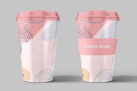 Pembe Desenli Kahve Bardağı Silikon Kapaklı Coffee Cup - 1 Adet