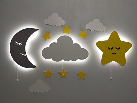 Çocuk Odası Dekoratif Ahşap Ay Bulut Sevimli Yıldız Gece Lambası Ledli Aydınlatma