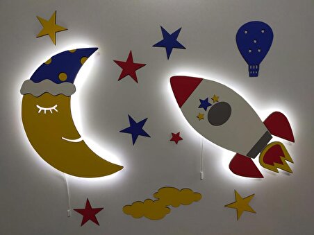 Çocuk Odası Dekoratif Ahşap Ay Roket Gece Lambası Ledli Aydınlatma