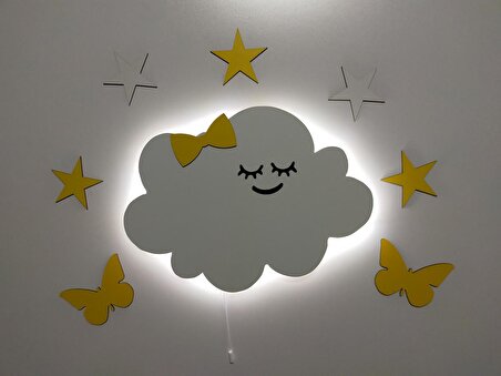 Çocuk Odası Dekoratif Ahşap Sevimli İsimli Bulut Gece Lambası Ledli Aydınlatma