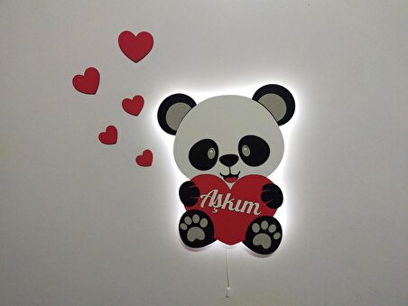 Aşkım Hediyelik Ahşap Işıklı Kalpli Panda Gece Lambası Ledli Dekoratif Aydınlatma