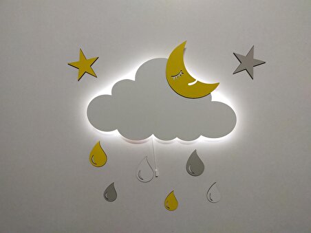Işıklı İsimli Bulut Ahşap Gece Lambası Ledli Dekoratif Aydınlatma Çocuk Odası