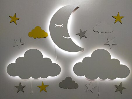 Işıklı İsimli Aydede Bulut  Ahşap Gece Lambası Ledli Dekoratif Aydınlatma Çocuk Odası