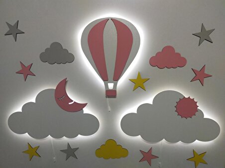 Işıklı İsimli Balon Bulut 2 li Ahşap Gece Lambası Ledli Dekoratif Aydınlatma Çocuk Odası