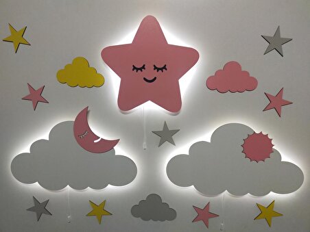 Işıklı Sevimli Yıldız Bulut 2 li İsimli Ahşap Gece Lambası Ledli Dekoratif Aydınlatma Çocuk Odası