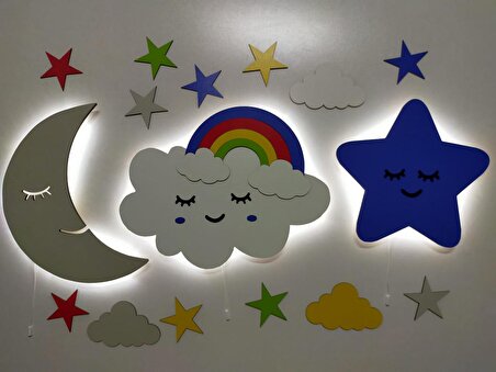 Çocuk Odası Dekoratif Ahşap Ay Gökkuşağı Bulut Sevimli Yıldız Gece Lambası Ledli Aydınlatma