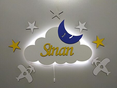 Çocuk Odası Dekoratif Air Force Ahşap Bulut  Uçaklı Gece Lambası Ledli Aydınlatma