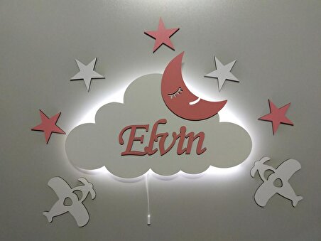  Çocuk Odası Dekoratif Air Force Ahşap Bulut Uçaklı Gece Lambası Ledli Aydınlatma