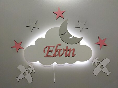 Çocuk Odası Dekoratif Air Force Ahşap Bulut Uçaklı Gece Lambası Ledli Aydınlatma