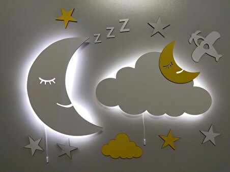 Dekoratif Ahşap Işıklı Ay Bulut Gece Lambası Ledli Aydınlatma Çocuk Odası