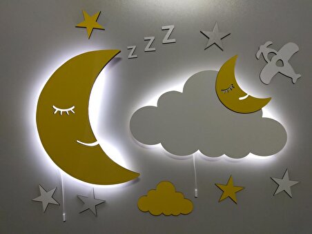 Dekoratif Ahşap Işıklı Ay Bulut Gece Lambası Ledli Aydınlatma Çocuk Odası