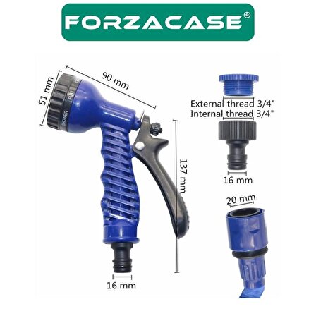 Forzacase 22.5 Metre Uzayan Bahçe Sulama Araç Yıkama Hortumu 7 Kademeli Başlıklı Tabanca - FC080