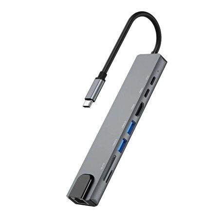 Forzacase Notebook Macbook Type-C Görüntü Aktarıcı 8in1 Ethernet Sd USB HDMI Çevirici Hub HDTV FC386
