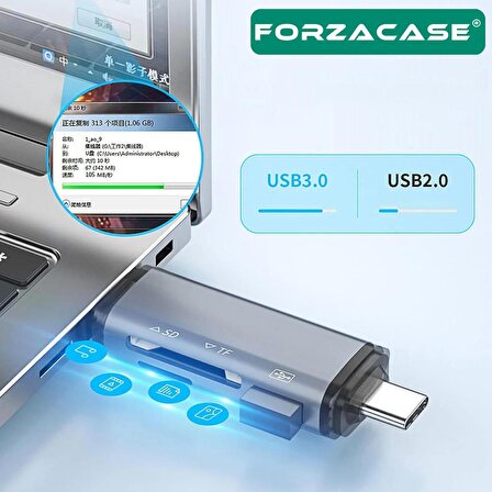 Forzacase USB 3.0 Type C Micro USB Kart Okuyucu 3in1 USB OTG SD/TF - FC441