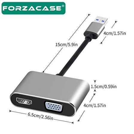 Forzacase 2in1 USB TO HDMI VGA Adaptör 1080P Görüntü Aktarıcı Kablo Adaptör - FC452