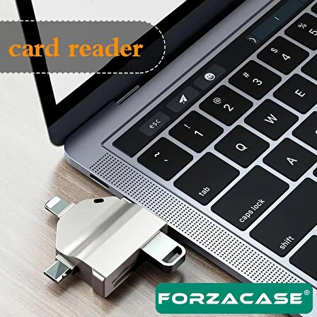 Forzacase Lightning Type-C Micro USB to USB Flash Bellek ve SD / TF Kart Okuyucu Adaptör - FC459 Gümüş