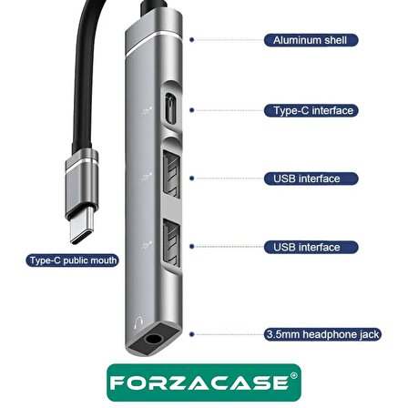 Forzacase 4in1 Type C + 3.5mm Jack + Çift Usb Girişli Port Çoğaltıcı Hub OTG Adaptör - FC484