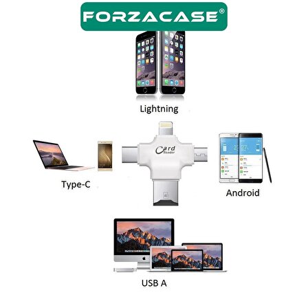 Forzacase 4in Lightning + MicroUSB + Type-C TF Kart Okuyucu Adaptör Reader - FC491