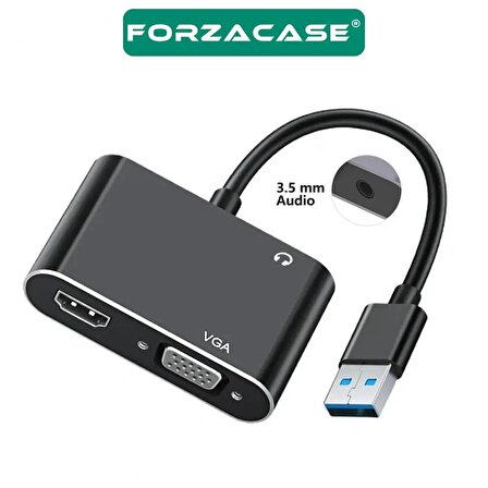 Forzacase USB 3.0 to HDMI VGA Çevirici 3.5mm Aux Destekli Adaptör Görüntü ve Ses Aktarıcı - FC498