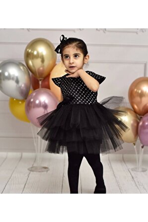 Kız Çocuk Siyah Parıltılı Kat Kat Tütülü Kabarık Elbise