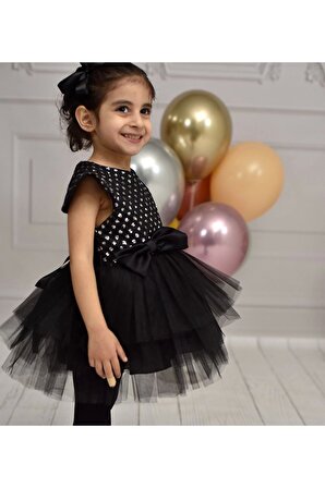 Kız Çocuk Siyah Parıltılı Kat Kat Tütülü Kabarık Elbise