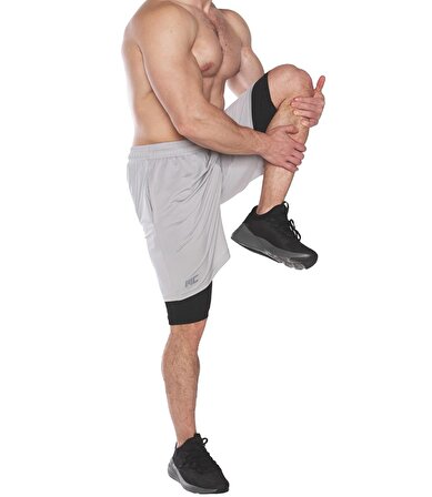 MuscleCloth 2 In 1 Erkek Taytlı Stretch Şort Açık Gri