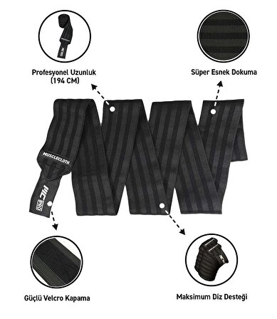 MuscleCloth Pro Knee Wraps Diz Bandajı 2'Li Paket - Cırt Bantlı Siyah