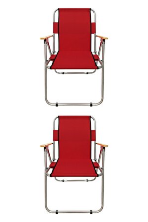 Tedarikcenter 2 Adet Kamp Sandalyesi Ahşap Kollu Katlanır Sandalye Piknik Bahçe Sandalyesi - Kırmızı