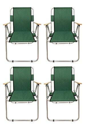 Tedarikcenter 4 Adet Kamp Sandalyesi Ahşap Kollu Katlanabilir Sandalye Piknik Bahçe Sandalyesi - Yeşil