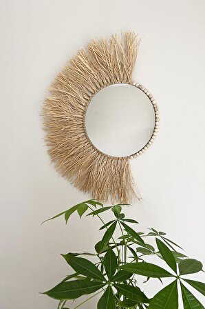 Floralmacramedesign Yelpaze Model Dekoratif Rafya Boncuklu Duvar Aynası
