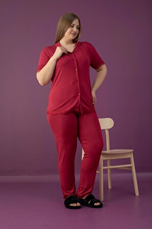 Bayan Büyük Beden Kısa Kol Düğmeli Viskon Düz Renk Pijama Takımı   -  (ELT3706-3-B)
