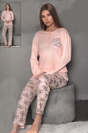 Fawn Kadın Flowers 3 Düğme Pijama Takımı (6805)