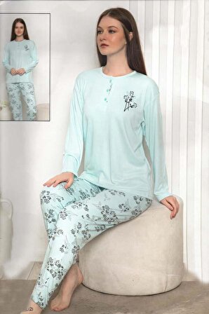 Fawn Kadın Çiçek Desenli 3 Düğmeli Uzun Kol Pijama Takımı (6800)