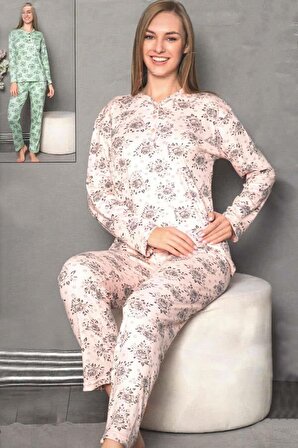 Fawn Kadın Gül Baskı 3 Düğme Uzun Kol Pijama Takımı (6806)