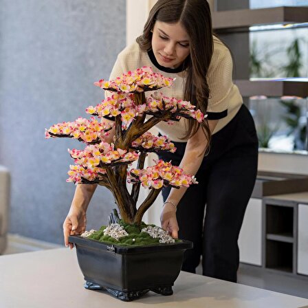 Flora Bonsai-2 Masaüstü Kullanıma Uygun Doğal Ağaç Gövdeli Yapay Bonsai Ağacı - 40x50 Cm