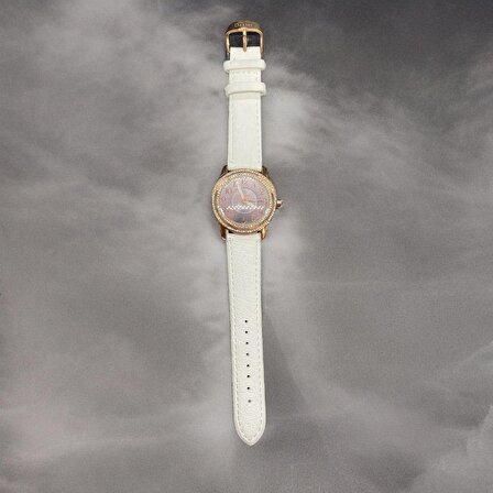 Gold Renk Beyaz Kordon Taşlı Premium Seri Kadın Saat