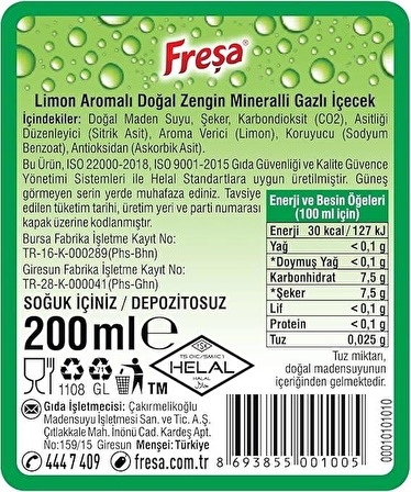 Freşa Limon Aromalı Maden Suyu 200 Ml X 24 Adet