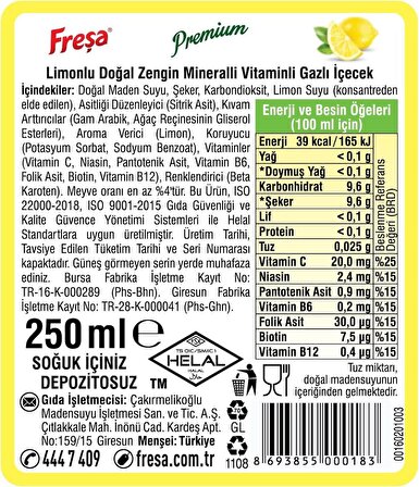 Freşa Premium Limonlu Vitaminli Maden Suyu 250 Ml X 6 Adet