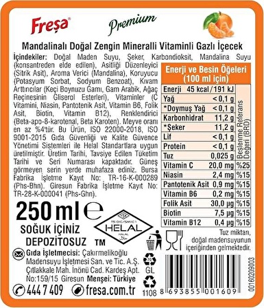 Freşa Premium Mandalinalı Vitaminli Maden Suyu 250 Ml X 6 Adet