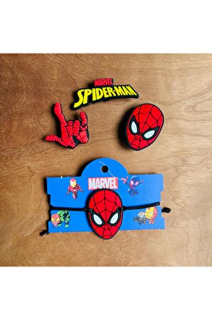 Spiderman 4 Lü Set Crocs Jibbitz Terlik Süsü ve Makrome örgülü Ayarlamalı Çocuk Bilekliği