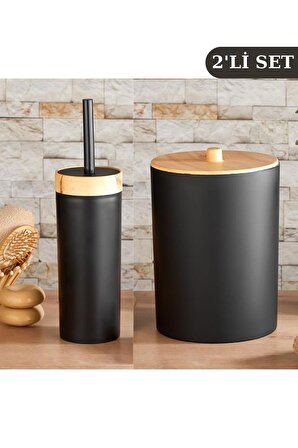 Flosoft Bambu Desenli Çöp Kovası ve Klozet Wc Fırçası 2’li Set Siyah