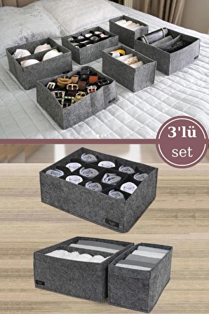 3’lü Keçe Çekmece Dolap İçi Düzenleyici Set (12 Bölmeli Organizer + 2’li Çekmece Düzenleyici)