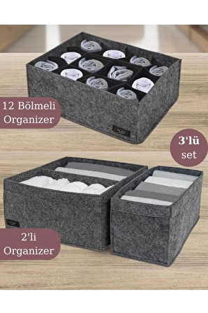 3’lü Keçe Çekmece Dolap İçi Düzenleyici Set (12 Bölmeli Organizer + 2’li Çekmece Düzenleyici)