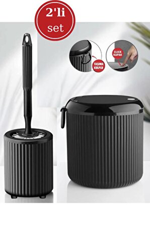 Flora 4 litre Click Kapak Yuvarlak Çöp Kovası ve Klozet WC Tuvalet Fırçası 2’li Set Siyah