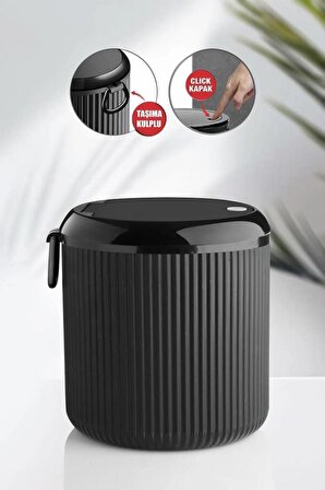 Flora Click Kapak Yuvarlak Çöp Kovası, Mutfak Banyo Tezgah Üstü Taşıma Kulplu Çöp Kovası 4 litre Siyah