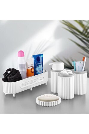 Flora 5 Parça Banyo Seti (Çok Amaçlı Sepet, Sıvı Sabunluk, Katı Sabunluk, Diş Fırçalık, Pamukluk) Beyaz