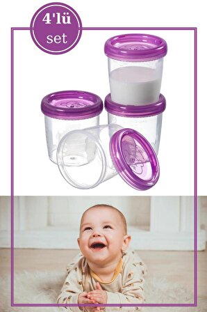 Flora 4 Adet Bebek Mama Yoğurt Saklama Kabı, Besin Ölçekli Sızdırmaz Mama Kabı 4’lü Set (4x180ml)