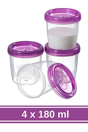 Flora 4 Adet Bebek Mama Yoğurt Saklama Kabı, Besin Ölçekli Sızdırmaz Mama Kabı 4’lü Set (4x180ml)