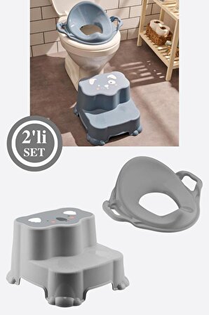Flosoft Kaydırmaz Çift Basamaklı Çocuk Taburesi ve Klozet Tuvalet Alıştırma Adaptörü 2'li Set GRİ