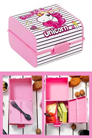 Flosoft Unicorn Beslenme Kutusu, Unicorn Desenli 3 Bölmeli Kilitli Çatal-Kaşıklı Okul Beslenme Kabı